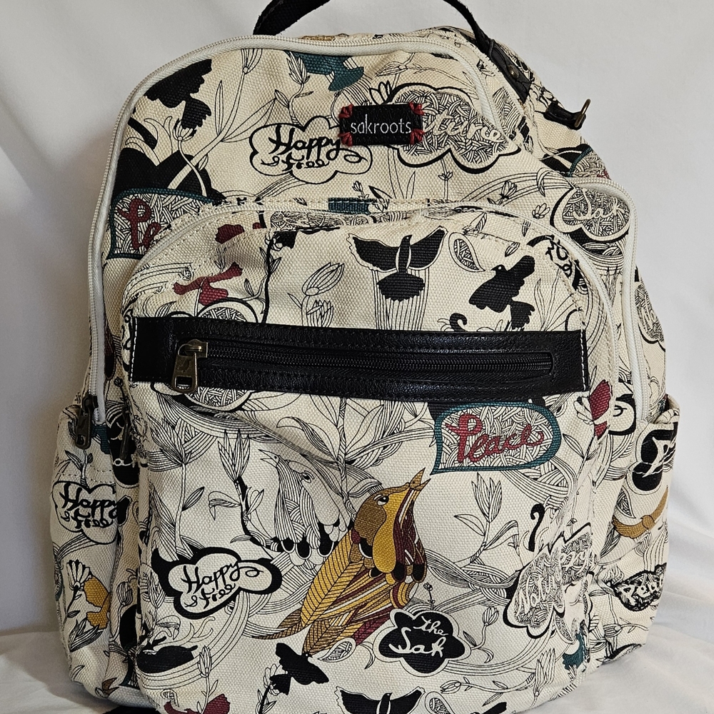 Sakroots Cream Canvas Backpack with Multicolor Bird and Floral Accents